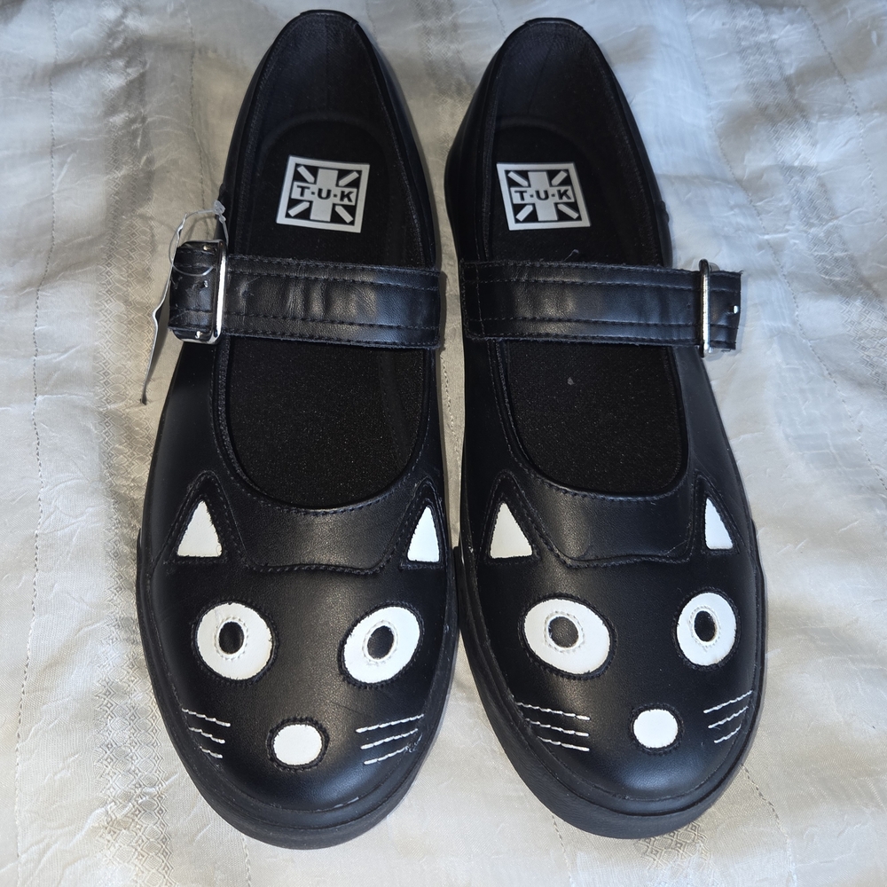 T.U.K Black Vegan Leather Cat Face Mary Janes